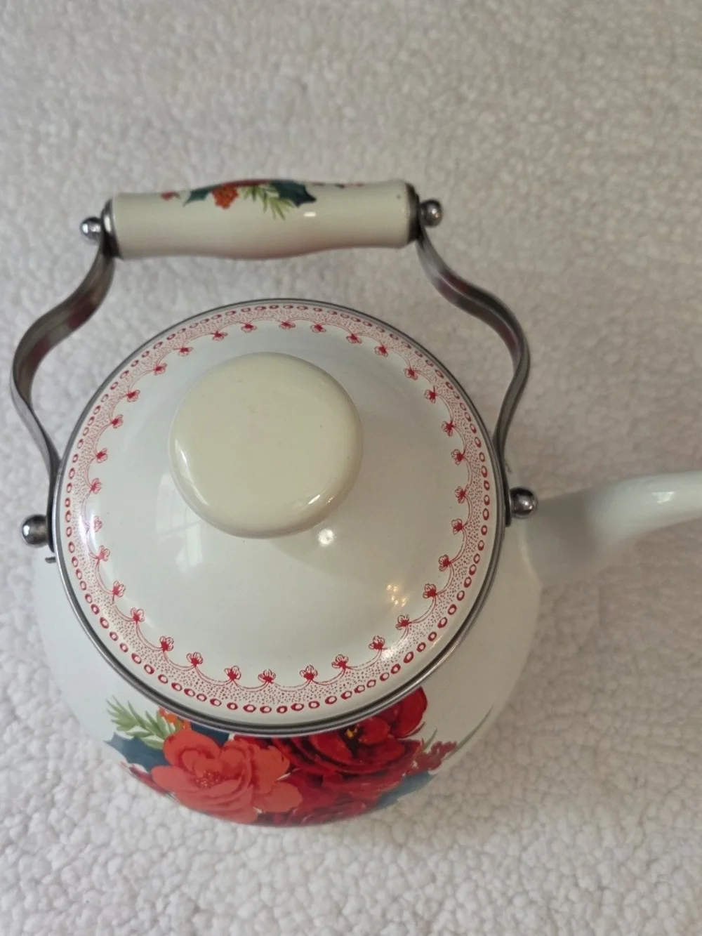 Pioneer Woman Tea Pot Kettle Holiday Cheerful Rose Enamel 1.9 Quart Steel